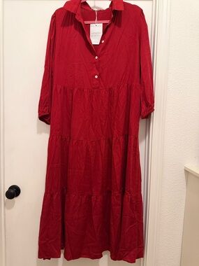 Red Tiered Shirt Dress - Women's Casual Collared Dress